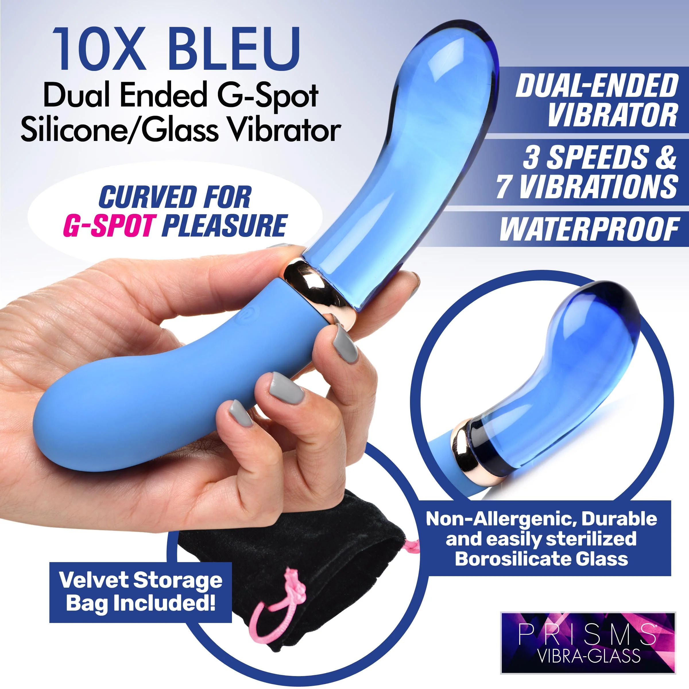 10X Bleu Dual Ended G-Spot Silicone and Glass Vibrator - Image 3