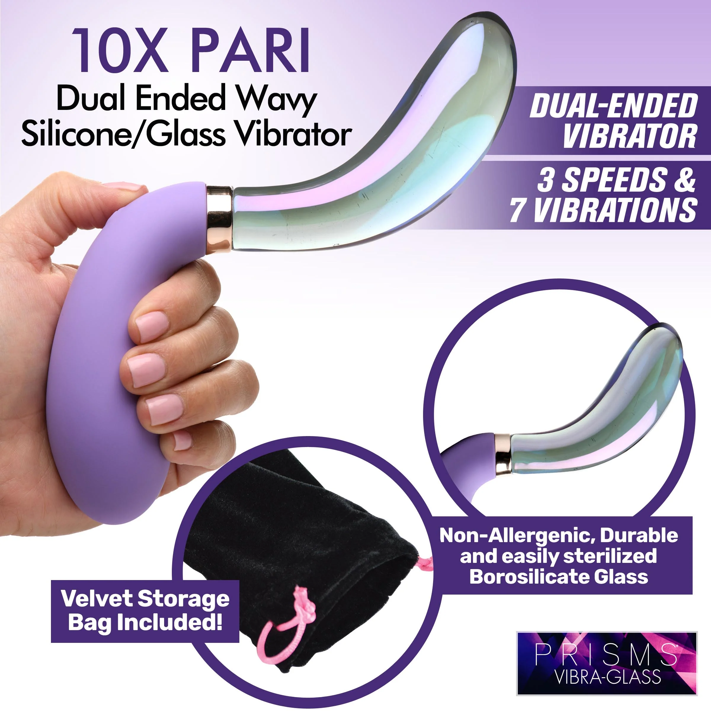 10X Pari Dual Ended Wavy Silicone and Glass Vibrator - Image 3