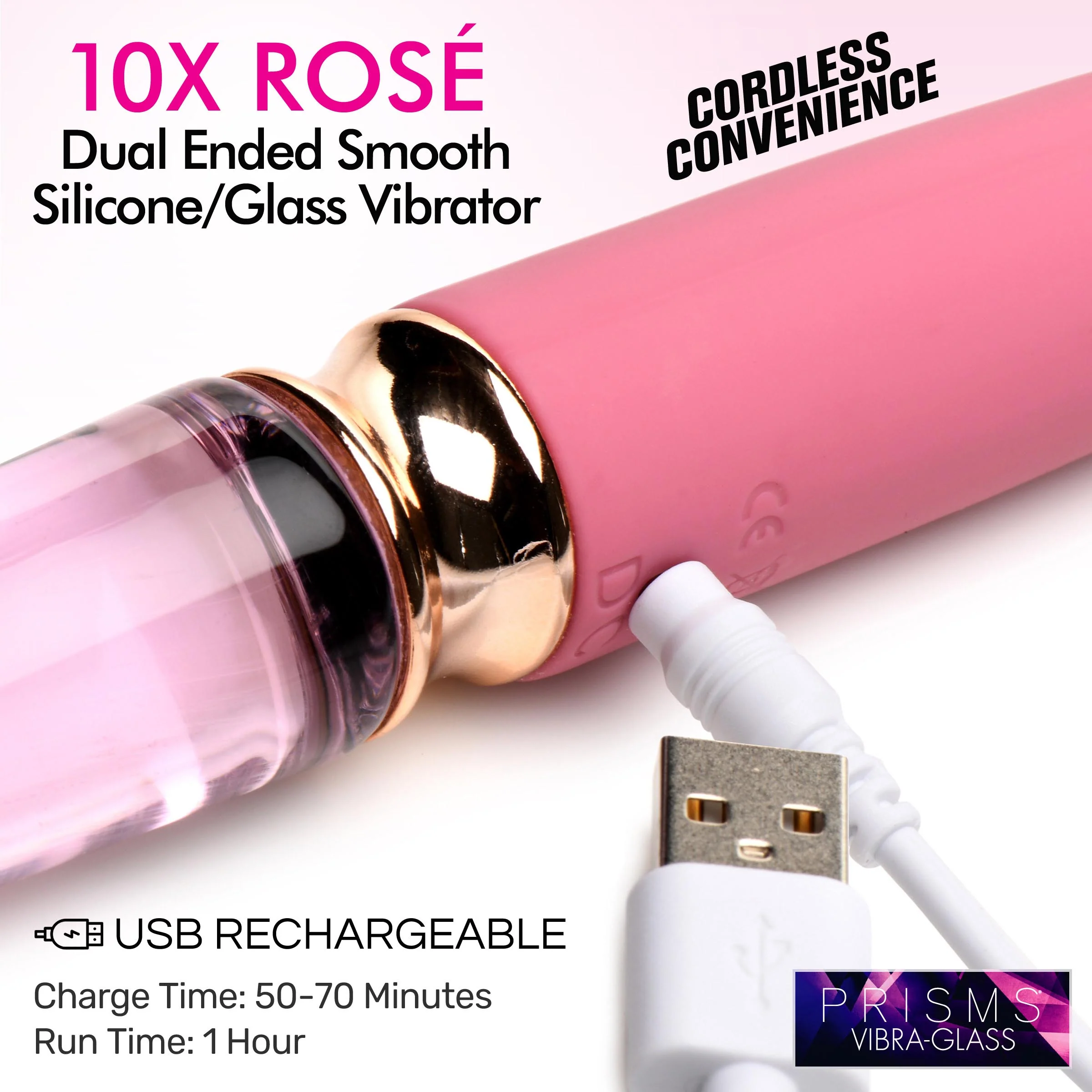 10X Rosé Dual Ended Smooth Silicone and Glass Vibrator - Image 4