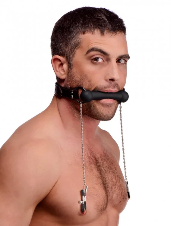 Silicone Bit Gag with Nipple Clamps - Image 3