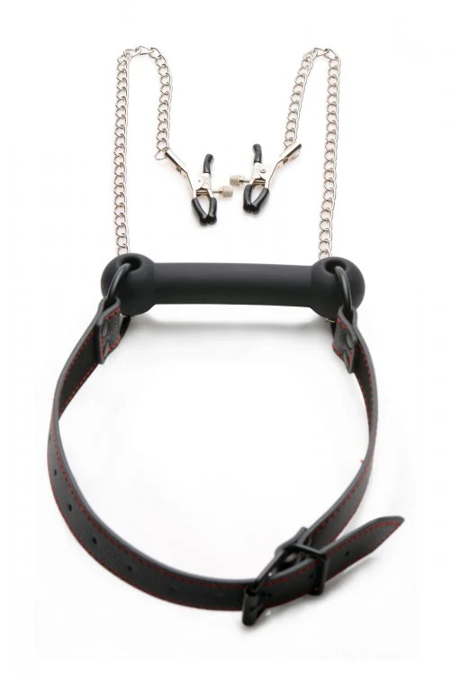 Silicone Bit Gag with Nipple Clamps - Image 5